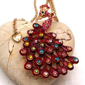 COPY - Betsty Johnson Red Enamel Peacock Pink & Multicolor Crystals Necklace 28"